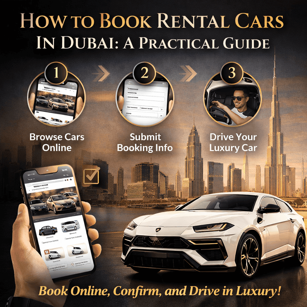 Luxury rental car parked in Dubai cityscape