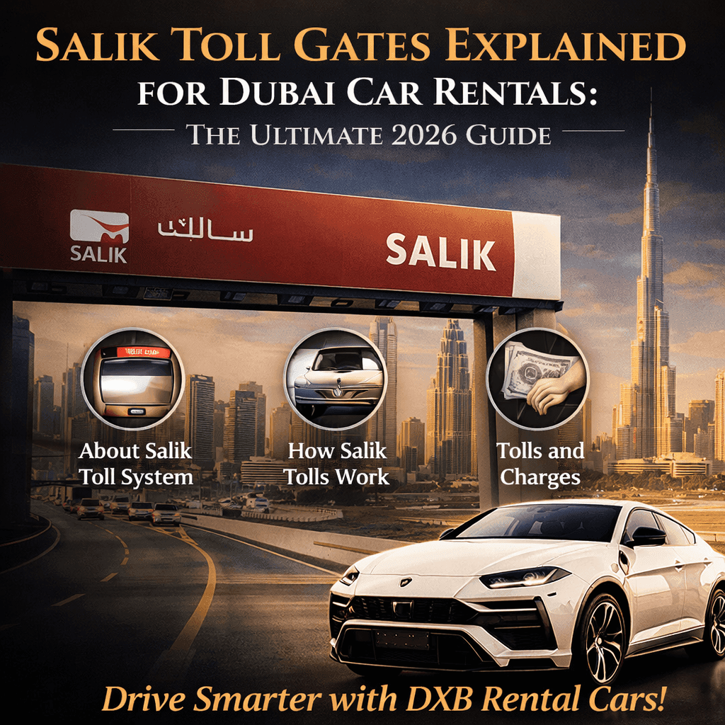 Luxury rental car passing through a Salik toll gate in Dubai
